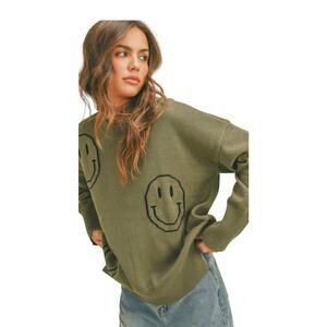 Miou Muse Smiley Face Sweater Size Small Green Crew Neck Sweater